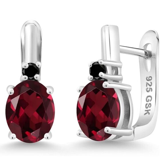 925 Sterling Silver with 4.53 Cttw Rhodolite Garnet and Black Diamond Earrings
